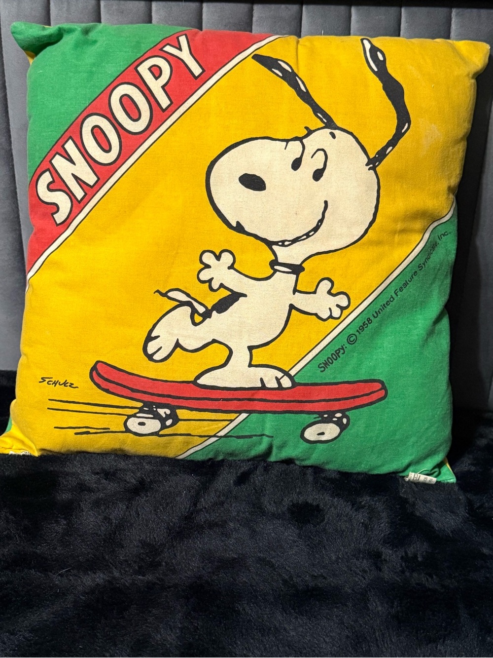 Vintage Snoopy Skateboard Throw Pillow Peanuts Charlie Brown Cushion